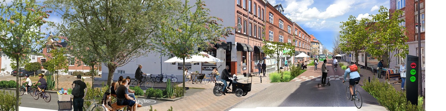 Visualisering af et muligt anderledes Skibhusvej med flere cyklende, planter og træer